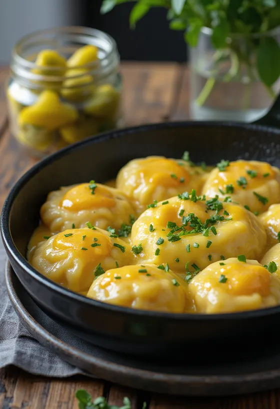 Vejce s noky posypané čerstvou petrželkou, podávané s domácí nakládanou zeleninou.