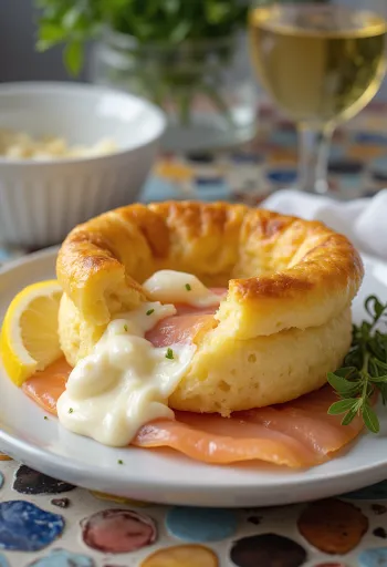 Yorkshirský pudink s uzeným lososem, zdobený koprem a citronovou šťávou