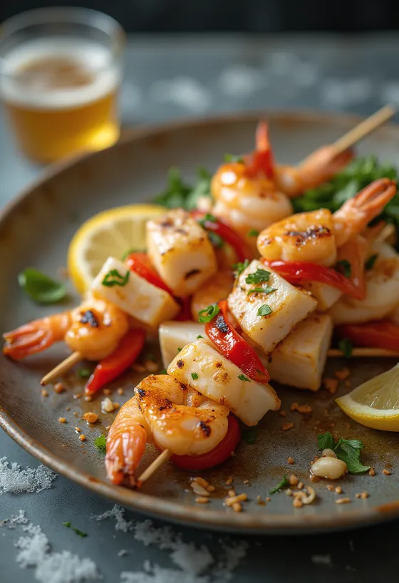 Anticucho de mariscos mořské plody na špízu, podávané s koriandrem a citronem
