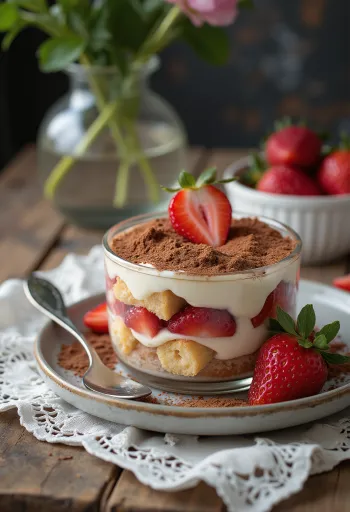 Jahodové tiramisu s vrstvenými piškoty a krémem z mascarpone, zdobené čerstvými jahodami