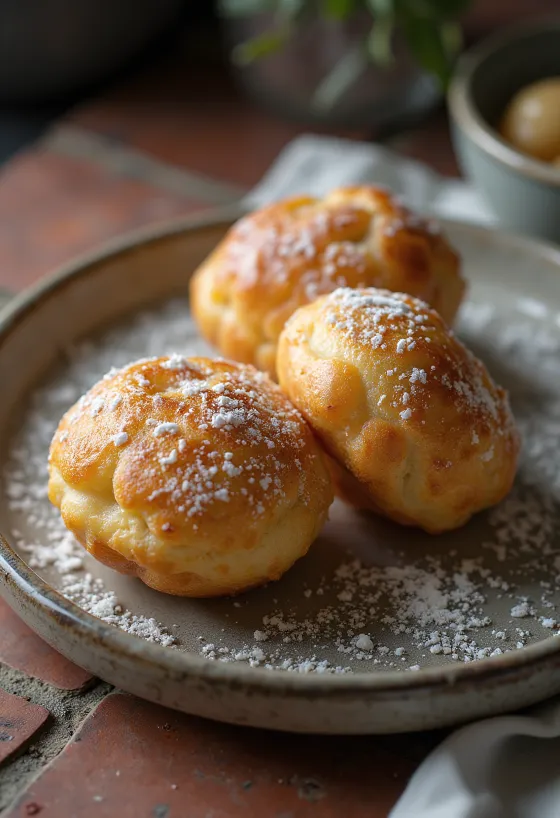 Æbleskiver s kardamomem, posypané moučkovým cukrem