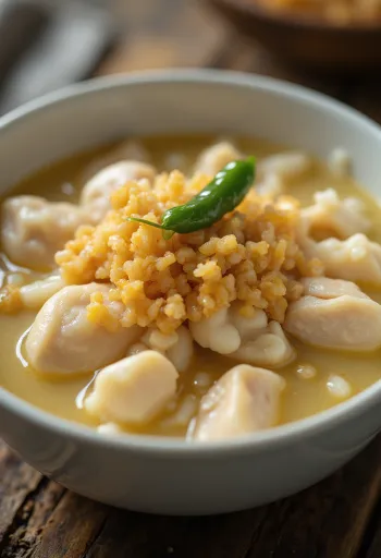 Arroz Caldo česnekové, bohatá rýžová polévka s kuřecím masem a čerstvým koriandrem