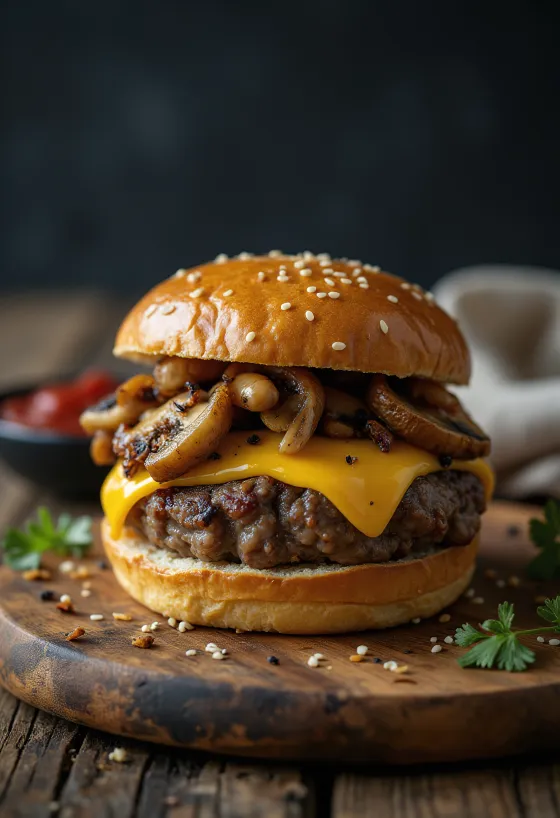 Houbovo-sýrový burger s žampiony