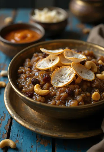 Kovil Sakkarai Pongal, podávané s čerstvými bylinkami