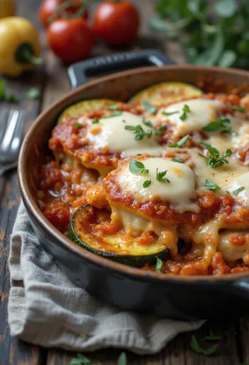 Parmigiana s pečenou cuketou, zdobená sýrem mozzarella a bazalkou