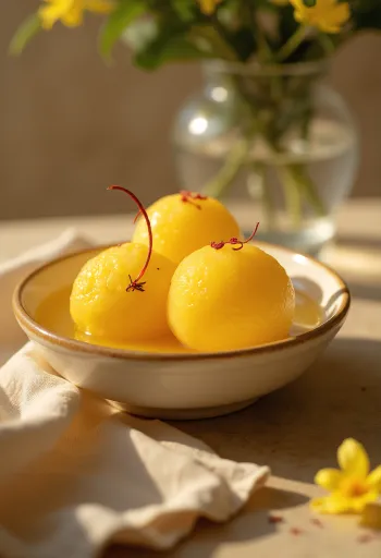 Rasgulla s kamalabhogem, podávaná se sirupem s růžovou vodou