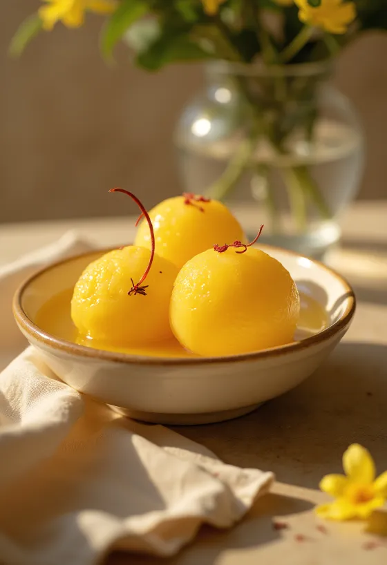 Rasgulla s kamalabhogem, podávaná se sirupem s růžovou vodou