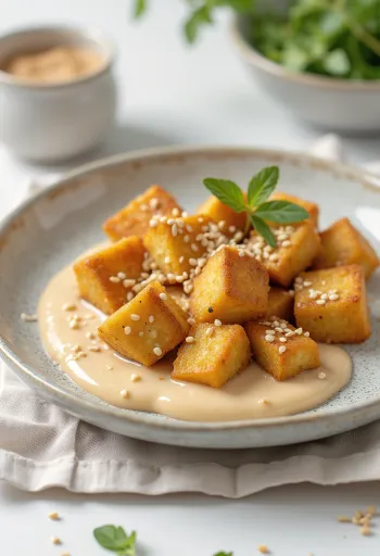 Pečené tofu s tahini omáčkou servírované