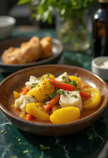 Ackee a solená treska podávaná se zeleninou a kořením