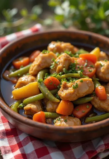 Adobo se zeleninovým ragú, zdobené čerstvým koriandrem