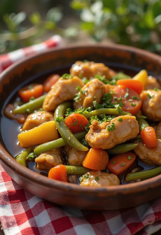 Adobo se zeleninovým ragú, zdobené čerstvým koriandrem