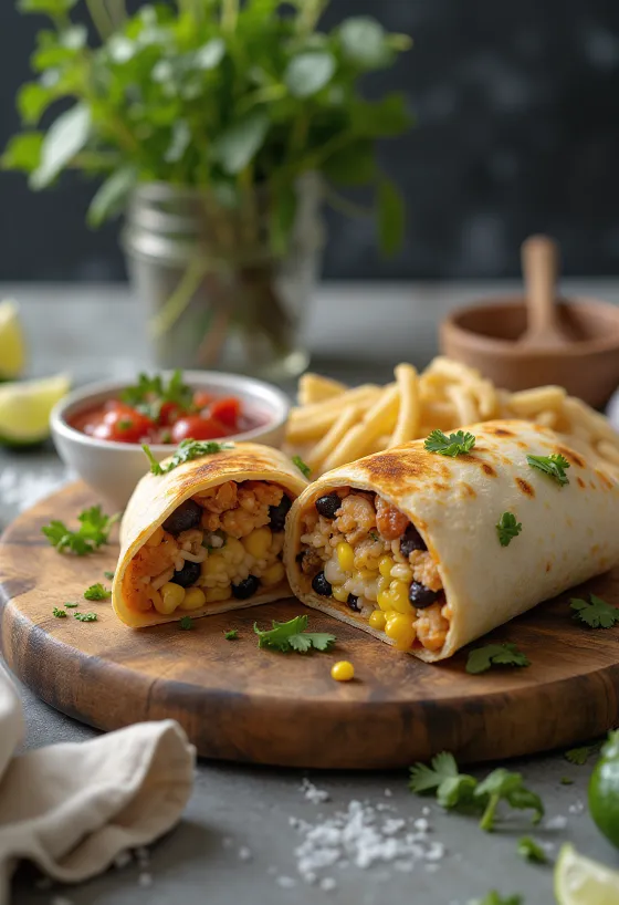 Kuřecí burrito plněné čerstvou zeleninou, rýží a sýrem