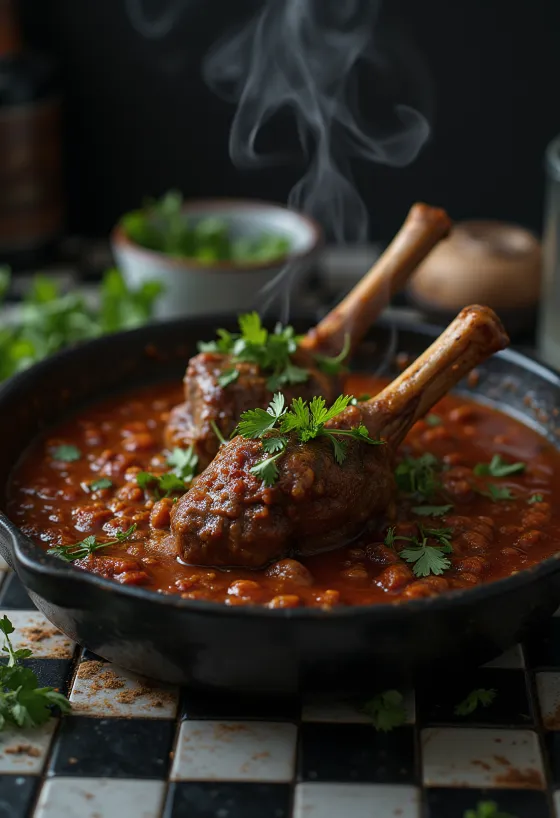 Jehněčí lýtko podávané s harissa omáčkou