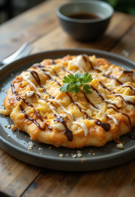 Okonomiyaki pizza se zelím a tuňákovými vločkami