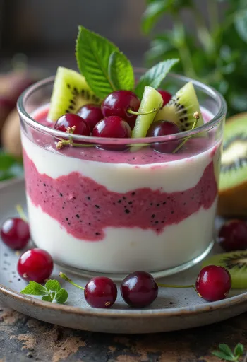 Probiotický kiwi-třešňový jogurt, osvěžující nápoj ve sklenici