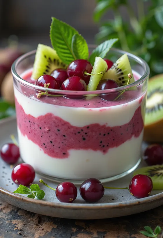 Probiotický kiwi-třešňový jogurt, osvěžující nápoj ve sklenici