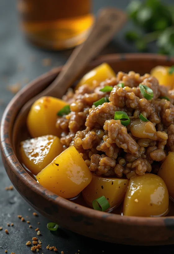 Adobo s bramborami, kořeněné maso a křupavé brambory