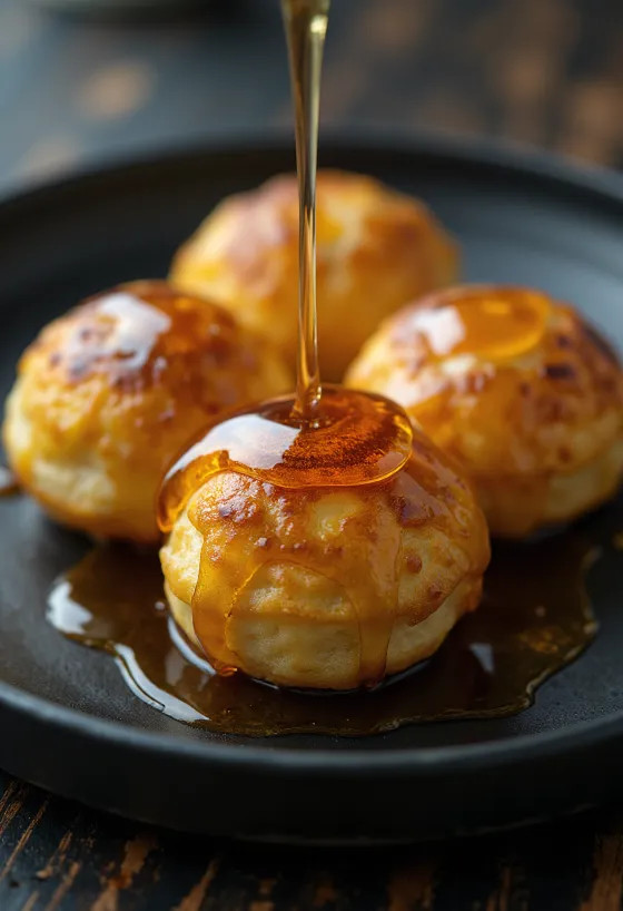 Æbleskiver s javorovým sirupem, čerstvé pečivo, zlatohnědé, podávané s javorovým sirupem