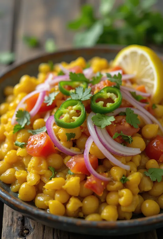 Ghugni chaat se zeleným chilli, indický kořeněný fazolový pokrm podávaný s čerstvým koriandrem a citronem