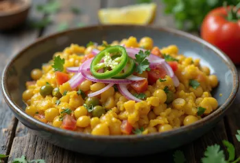 Ghugni chaat se zeleným chilli, indický kořeněný fazolový pokrm podávaný s čerstvým koriandrem a citronem