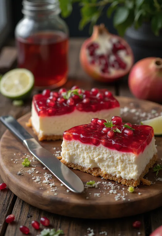 Cheesecake s granátovým jablkem s ozdobou