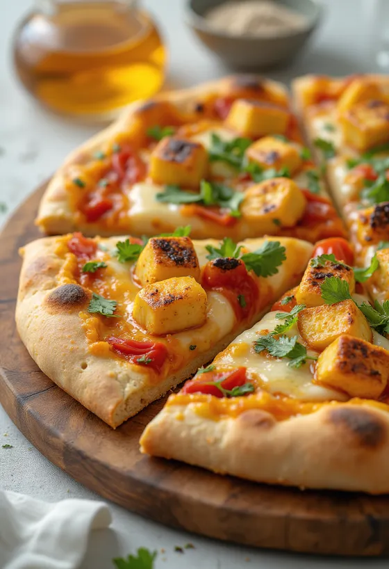 Paneer tikka pizza s jogurtovou omáčkou a zeleninou
