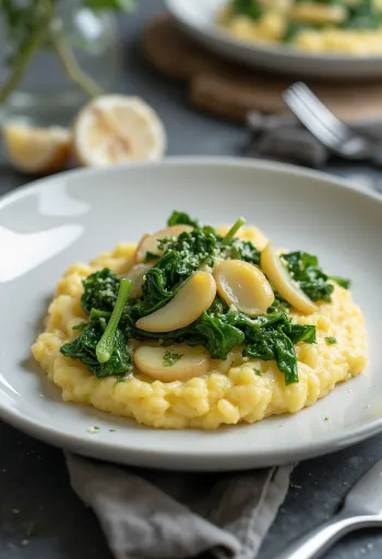 Krémová polenta se špenátem a česnekem servírovaná v keramické misce