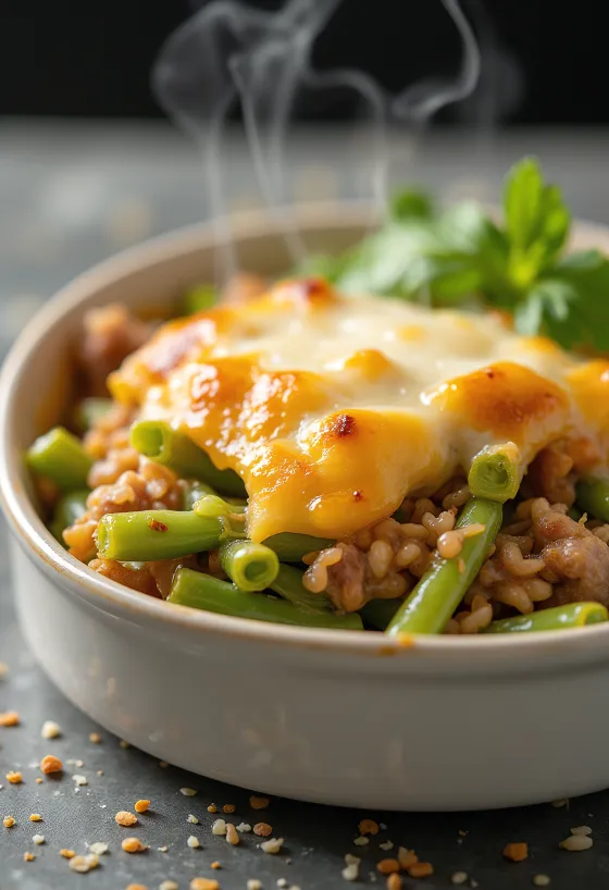 Zapékané fazolky s čerstvou zakysanou smetanou a opečeným sýrem na povrchu.