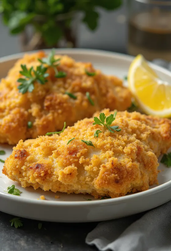 Smažená kuřecí prsa upečená dozlatova, podávaná se salátem