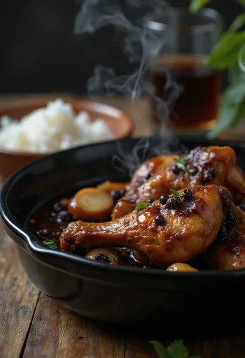 Kuřecí Adobo, vařené v sójové omáčce, podávané vedle rýže
