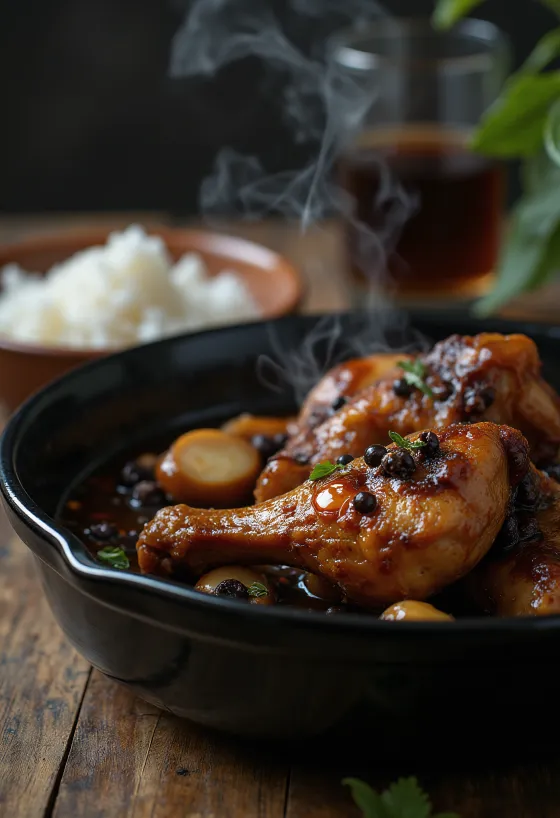 Kuřecí Adobo, vařené v sójové omáčce, podávané vedle rýže