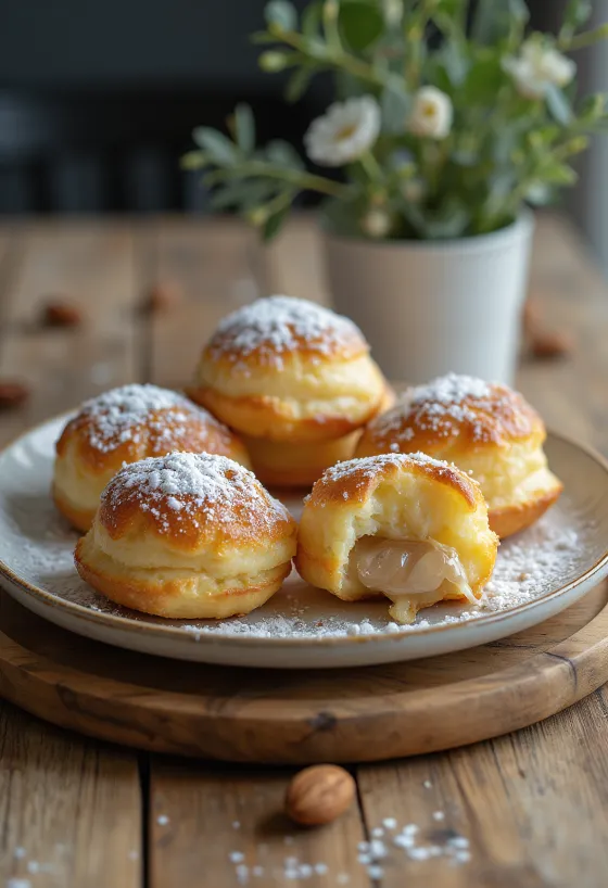 Æbleskiver s mandlovou náplní, posypané moučkovým cukrem, podávané v míse