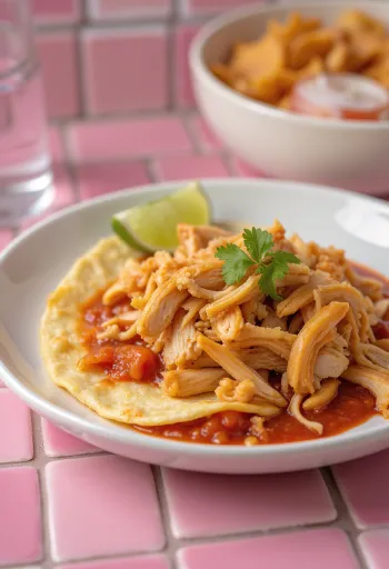 Chilaquiles con pollo deshebrado s křupavými kousky tortilly, červenou omáčkou, strouhaným sýrem a zakysanou smetanou