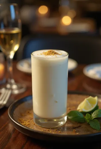 Sladké lassi servírované, zdobené čerstvým koriandrem