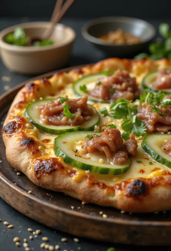 Peking duck pizza s kousky kachny a omáčkou hoisin