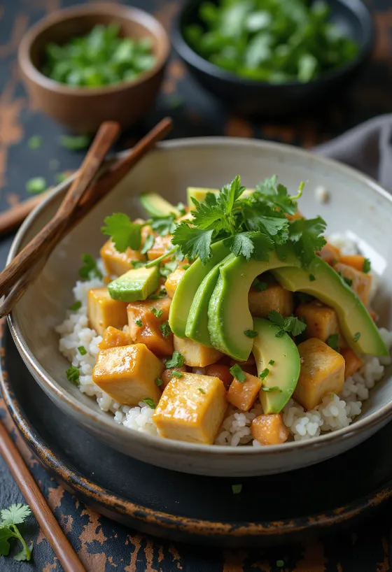 Poké s tofu, čerstvou zeleninou na lůžku z rýže, zdobené koriandrem a limetkovou šťávou.