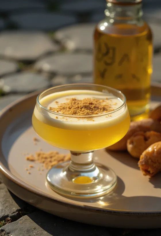 Domácí vaječný koňak v láhvi, posypaný strouhaným muškátovým oříškem.