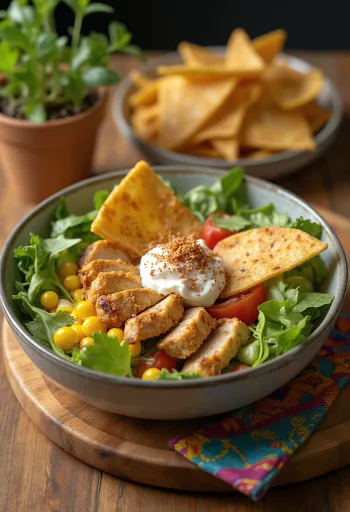 Wrap miska s grilovaným kuřecím masem, salátem, rajčetem, kukuřicí a zakysanou smetanou servírovaná