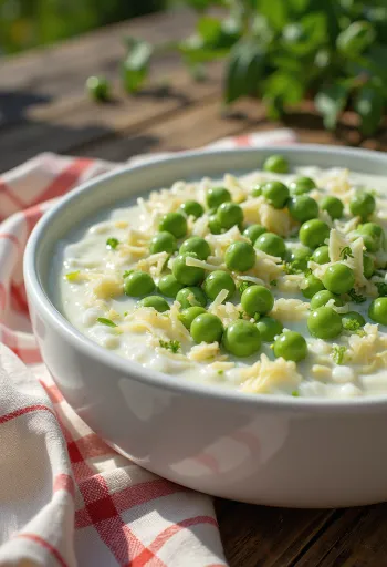 Hráškovo-mátová raita servírovaná, zdobená čerstvou mátou a hráškem