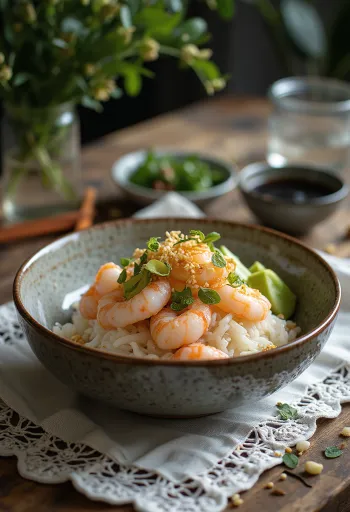 Mísa sushi rýže zdobená krevetami, avokádem a vajíčkem