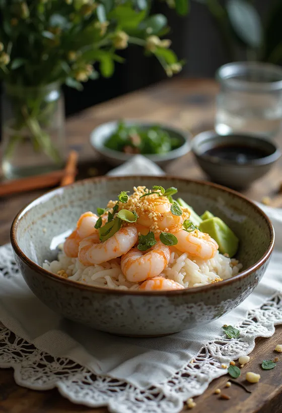 Mísa sushi rýže zdobená krevetami, avokádem a vajíčkem