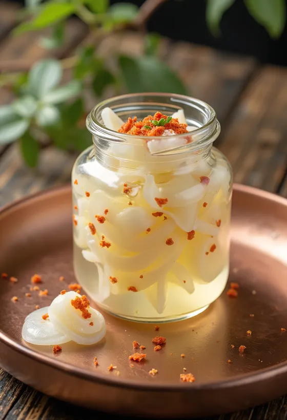 Daikon-zuke, plátky čerstvé ředkve v octovém nálevu podávané na bílém talíři, zdobené koriandrem
