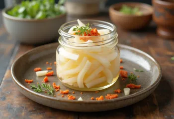 Daikon-zuke, plátky čerstvé ředkve v octovém nálevu podávané na bílém talíři, zdobené koriandrem