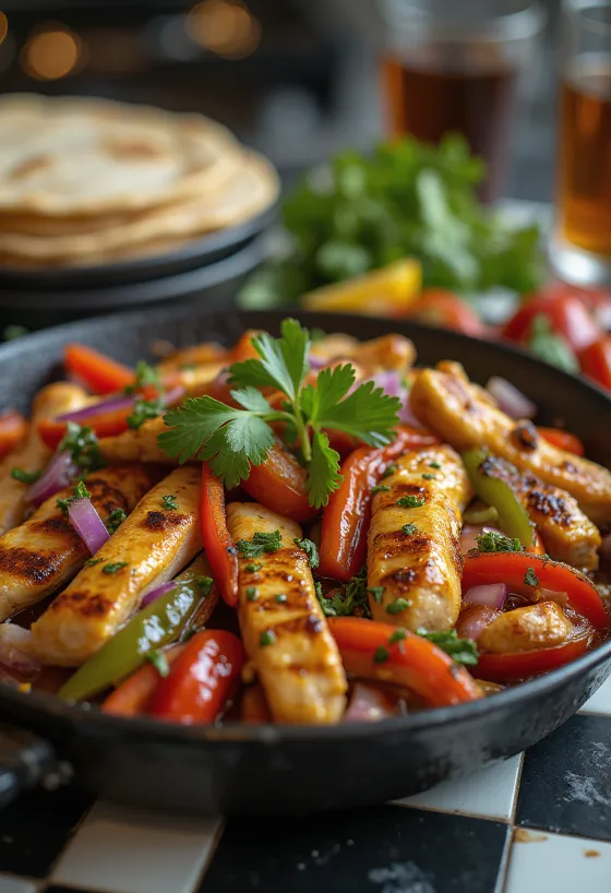 Fajitas s kuřecím masem a paprikami, servírované