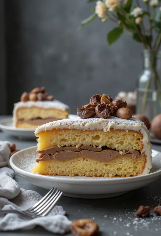 Kaštanový dort nakrájený na řezy, zdobený čokoládou