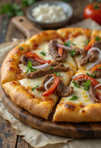 Philly cheesesteak pizza s plátky steaku
