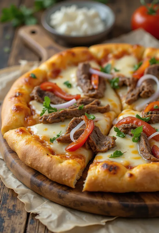 Philly cheesesteak pizza s plátky steaku