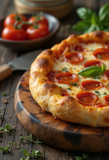 Pepperoni pizza s plněným okrajem při podávání