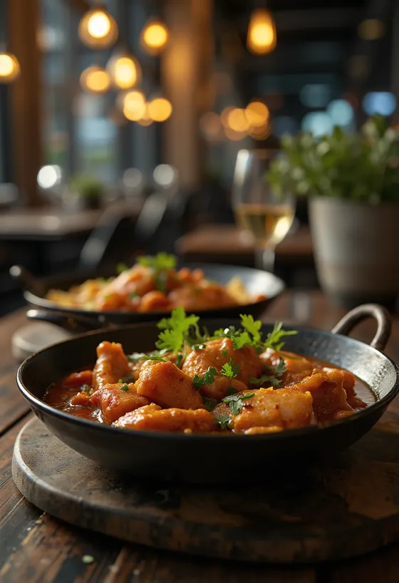 Adobo s kořením tandoori, kuřecí maso servírované s čerstvým koriandrem