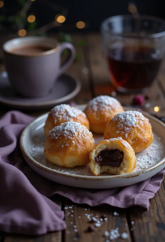 Čerstvě upečený æbleskiver podávaný s čokoládovým krémem a moučkovým cukrem